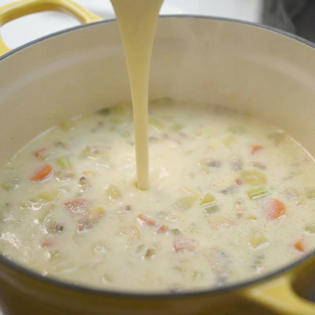 Drewniana łyżka mieszająca gęsty, kremowy clam chowder z widocznymi kawałkami małży, boczku i ziemniaków.