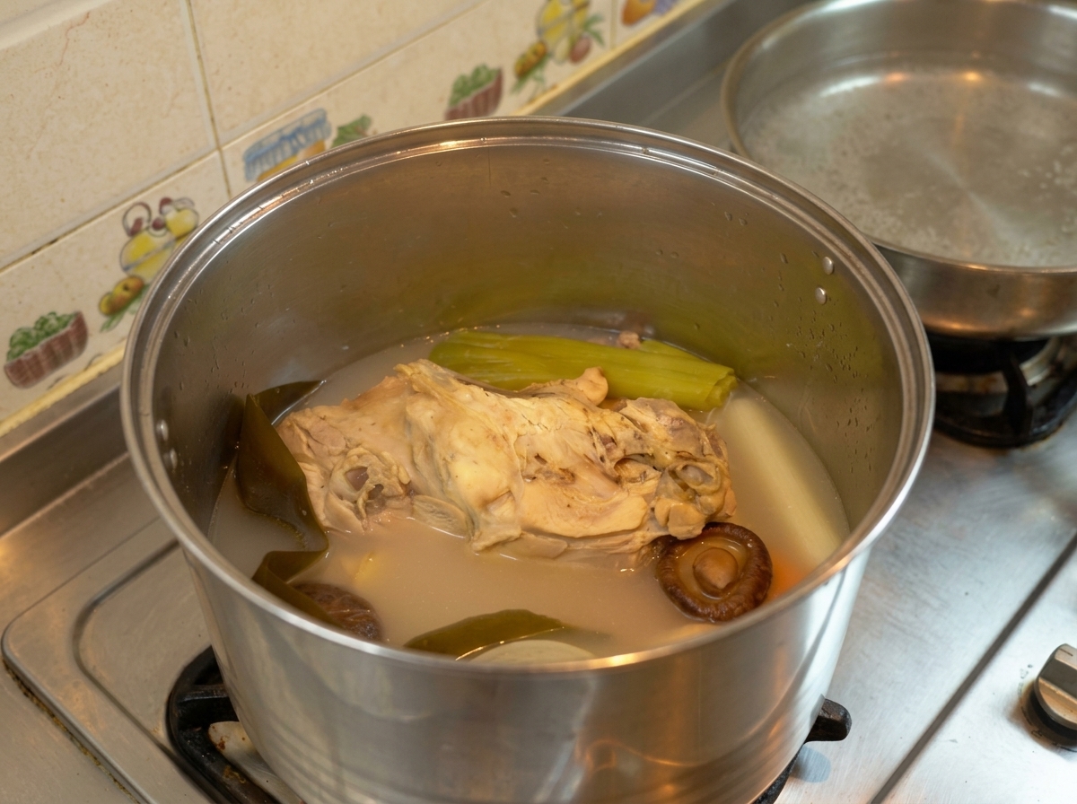 Duży metalowy garnek z esencjonalnym, zredukowanym bulionem drobiowym i warzywami.