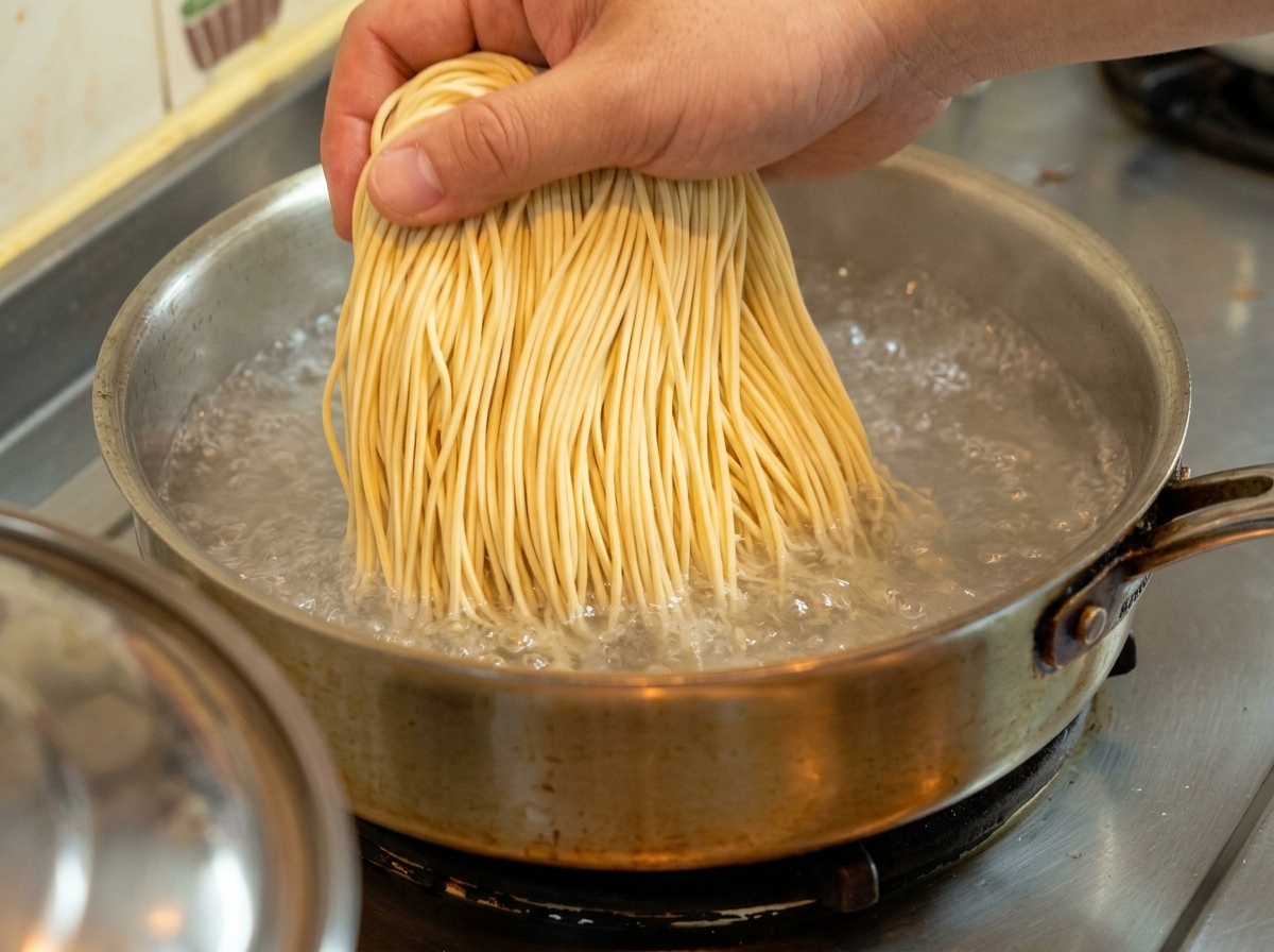 Dłoń wrzucająca porcję świeżego makaronu ramen do garnka z intensywnie wrzącą wodą.