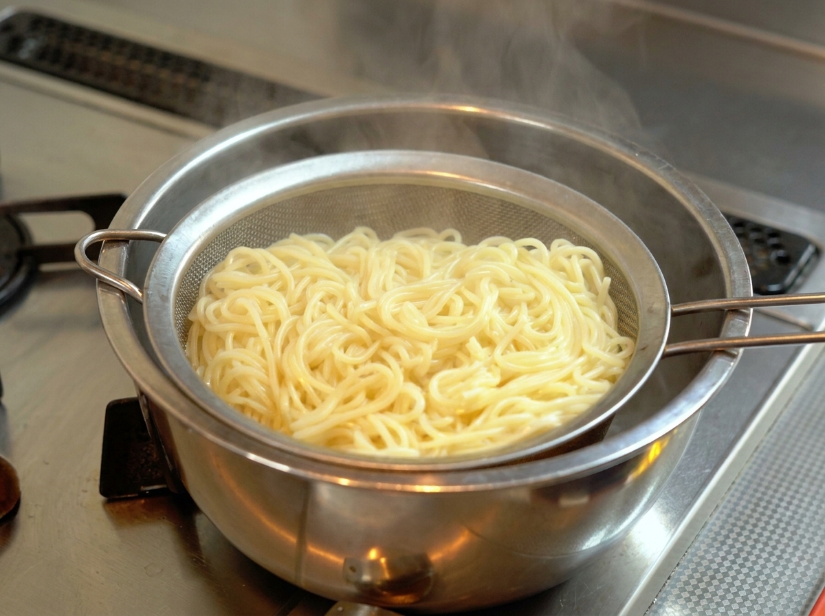 Ugotowany makaron ramen podnoszony i odcedzany na sitku nad parującym garnkiem.