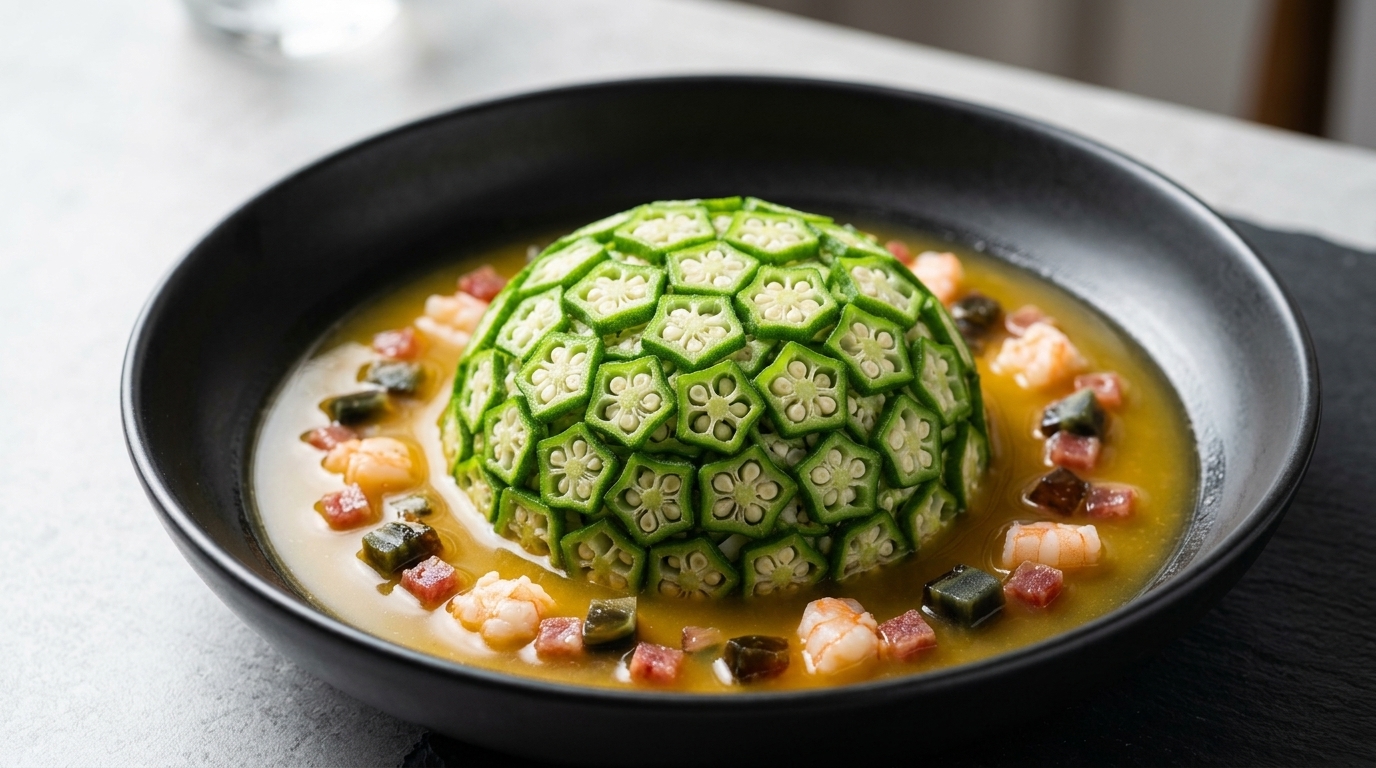 Chińska okra Shangtang: Elegancka kopuła z purée ziemniaczanego w aromatycznym bulionie