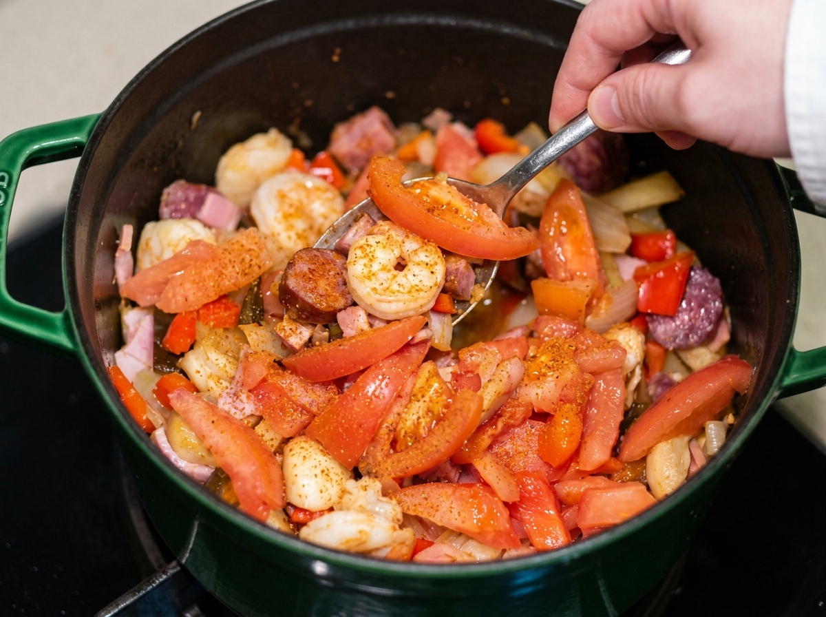 Mieszanie pokrojonych pomidorów i przyprawy Cajun z pozostałymi składnikami w garnku.