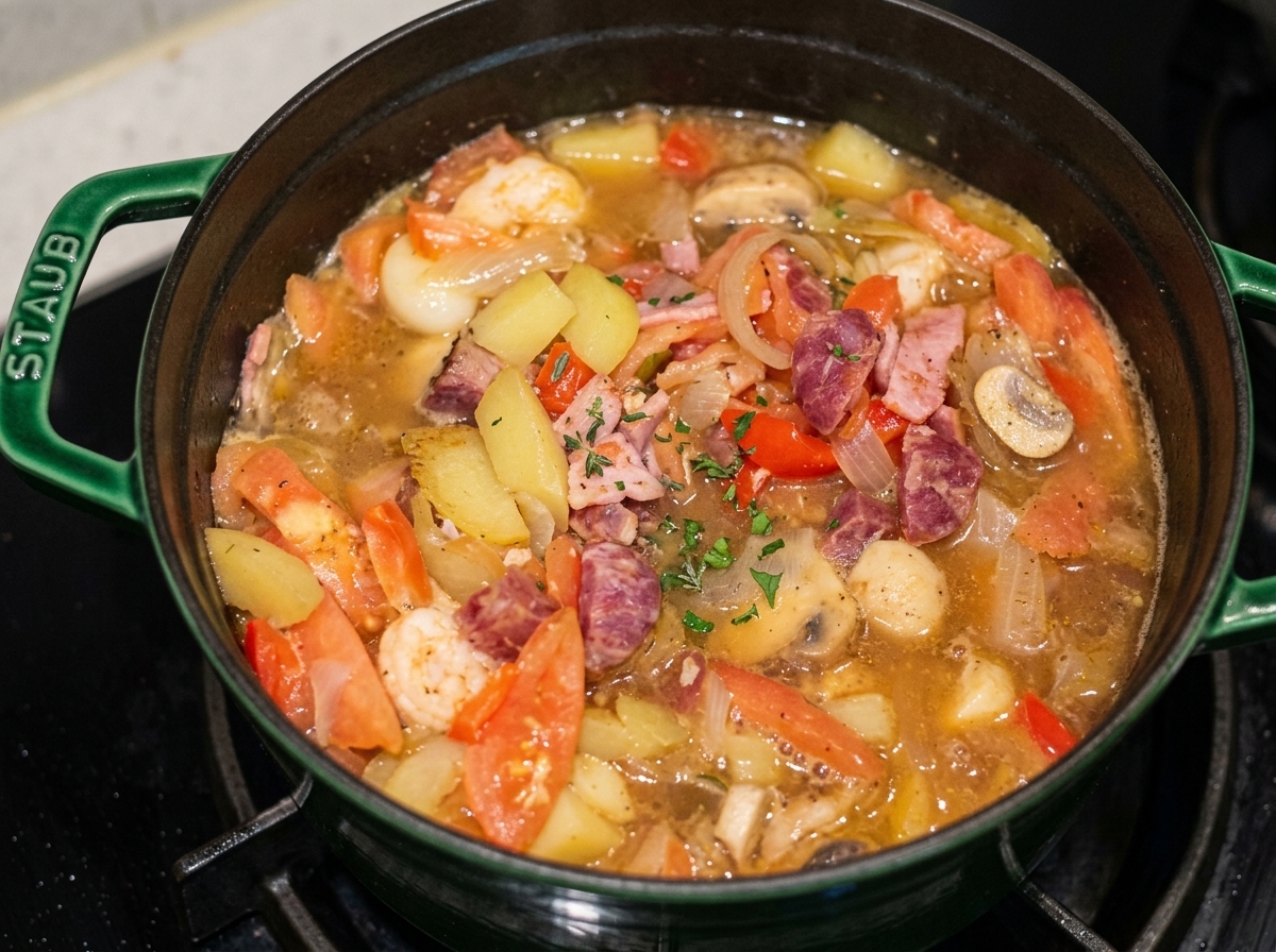Gumbo gotujące się w aromatycznym bulionie w zielonym garnku żeliwnym na kuchence.