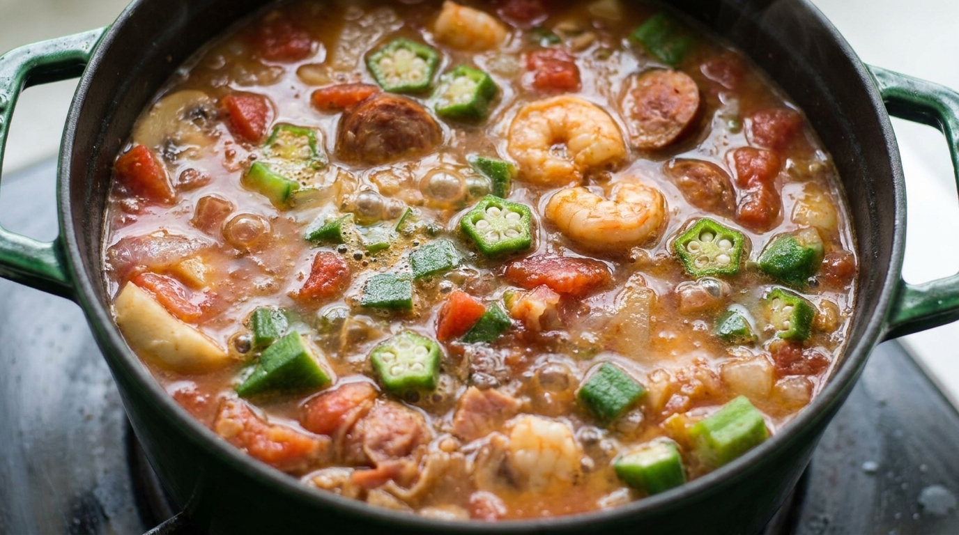 Gumbo z krewetkami i kiełbasą z bourbonem infuzowanym pancettą