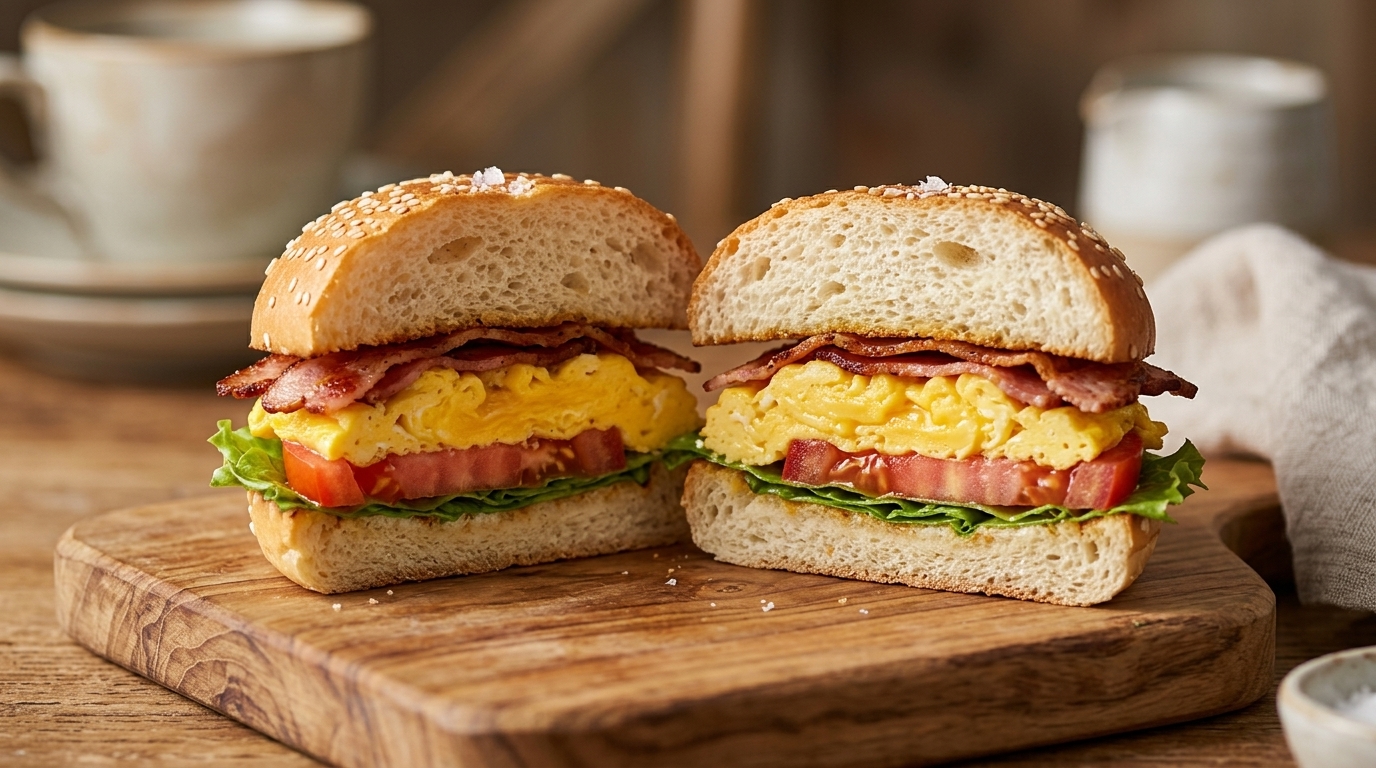 Idealny burger z bekonem i puszystą jajecznicą