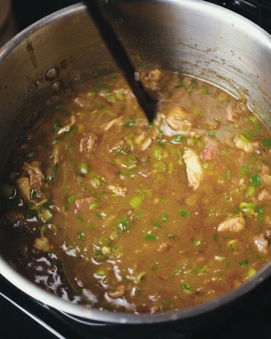 Mieszanie ciemnego gumbo w garnku, obficie posypanego posiekanymi świeżymi ziołami.