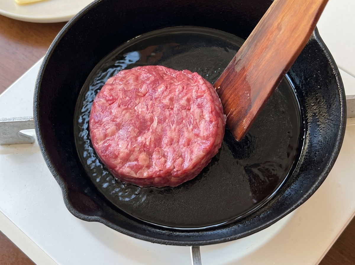 Drewniana łopatka kładąca surowy kotlet wołowy na gorącą, żeliwną patelnię.