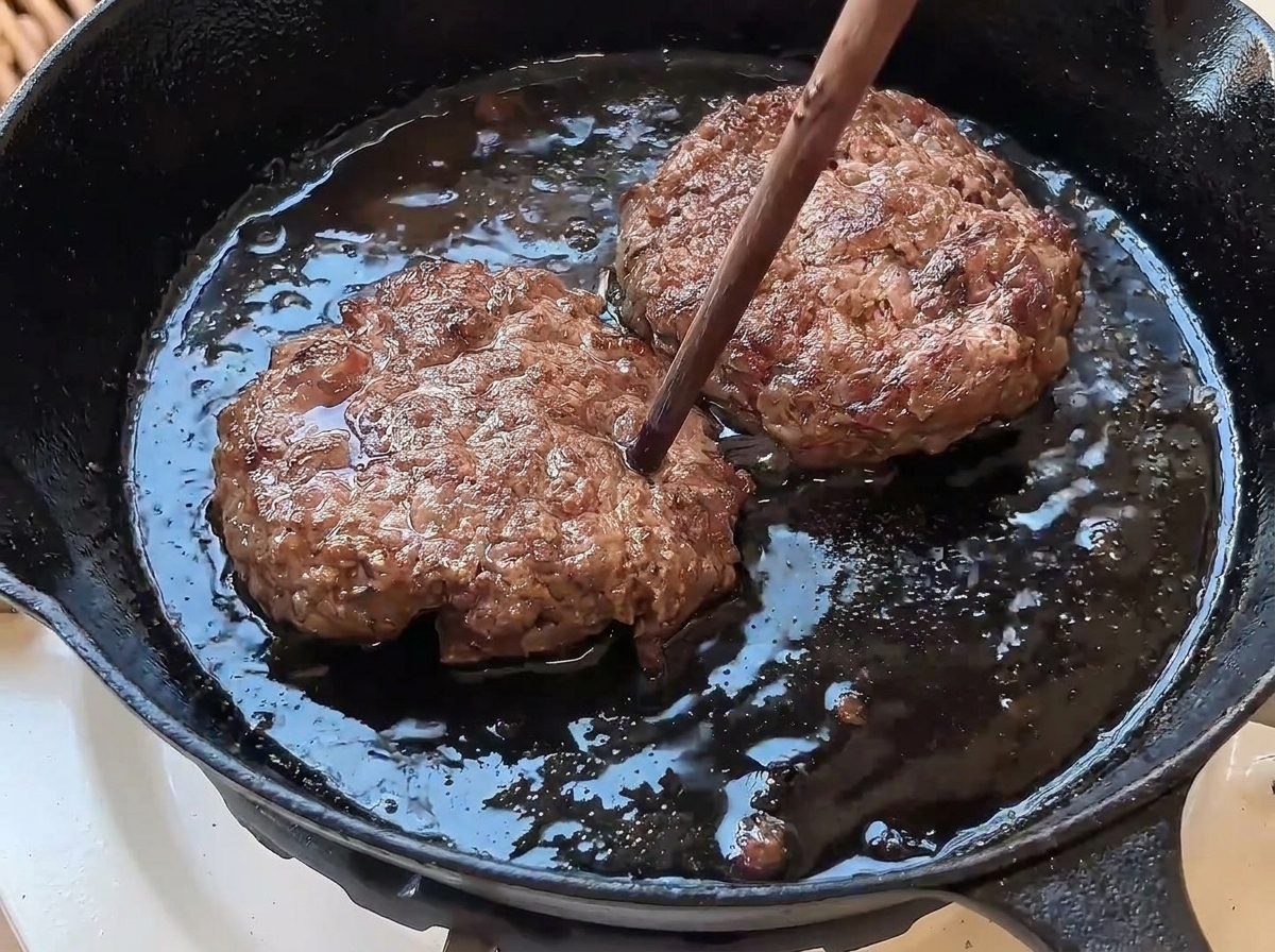 Pałeczka nakłuwająca środek wysmażonego burgera na patelni.