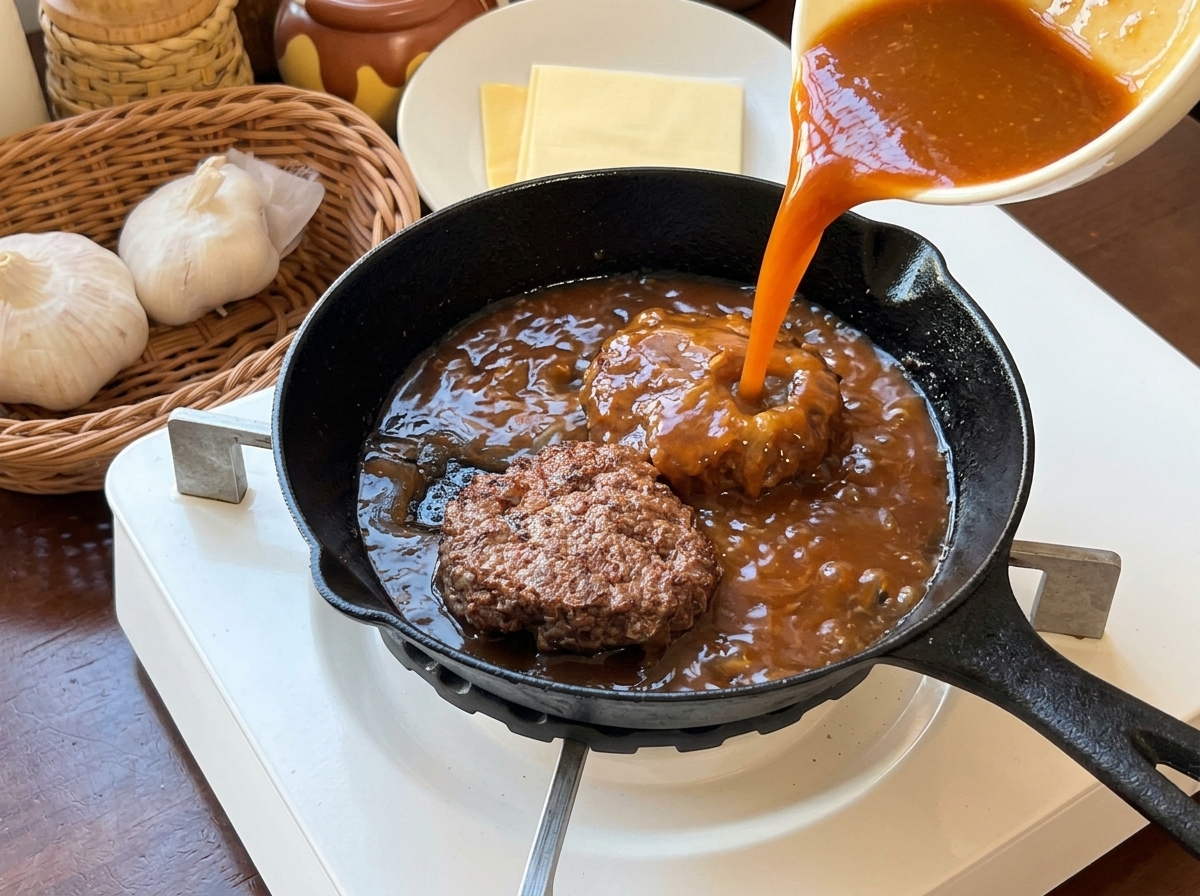 Wlewanie ciemnobrązowego sosu z białej miseczki na burgery na patelni.