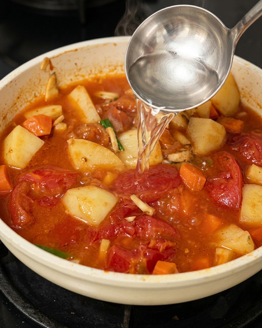 Wlewanie gorącej wody z chochli na patelnię pełną bulgoczącej, pomidorowej bazy curry.