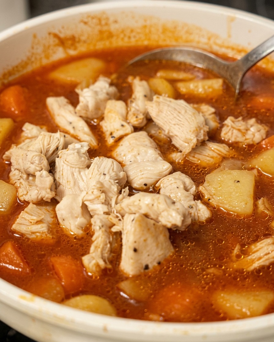 Usmażone kawałki kurczaka delikatnie mieszane z gotującym się czerwonym curry z ziemniakami i marchewką.