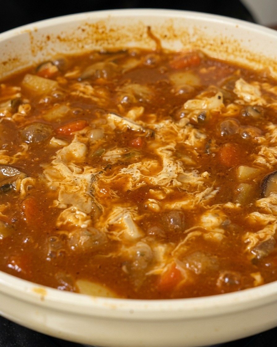 Zbliżenie na bulgoczące, czerwonawo-brązowe curry z białymi smugami wlanego mleka.