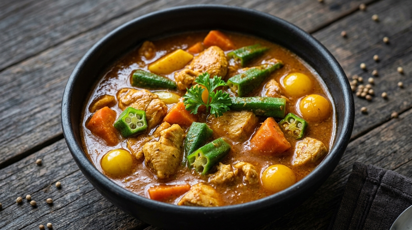 Aksamitne curry z kurczakiem, okrą i pieczoną papryką podawane z makaronem