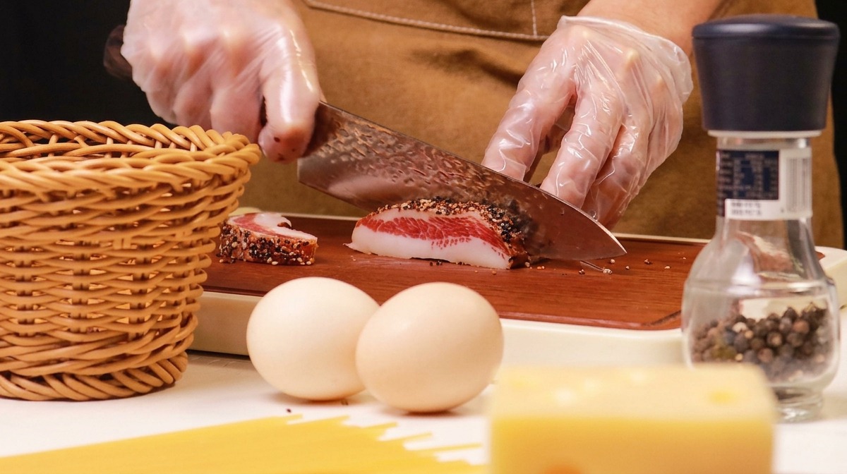 Dłonie w przezroczystych rękawiczkach krojące kawałek guanciale w pieprzu na drewnianej desce.