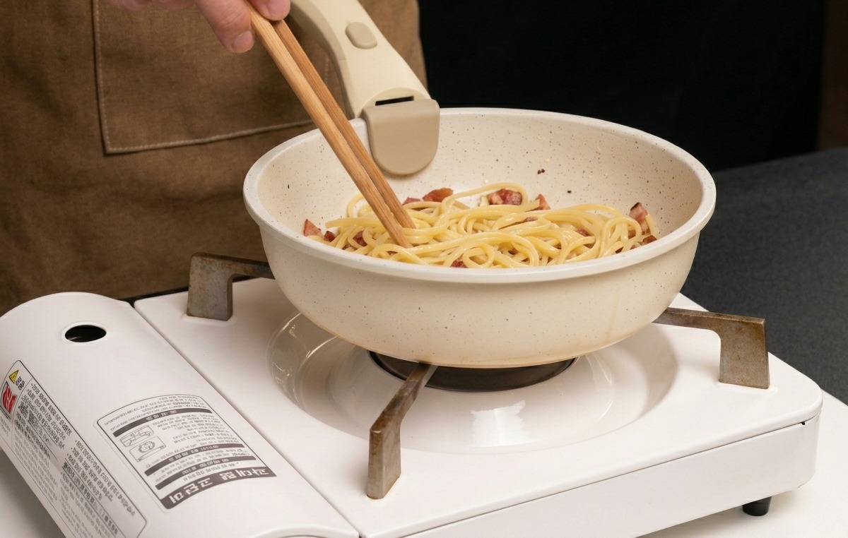 Mieszanie drewnianymi pałeczkami gorącego spaghetti i chrupiącego guanciale na białej patelni.