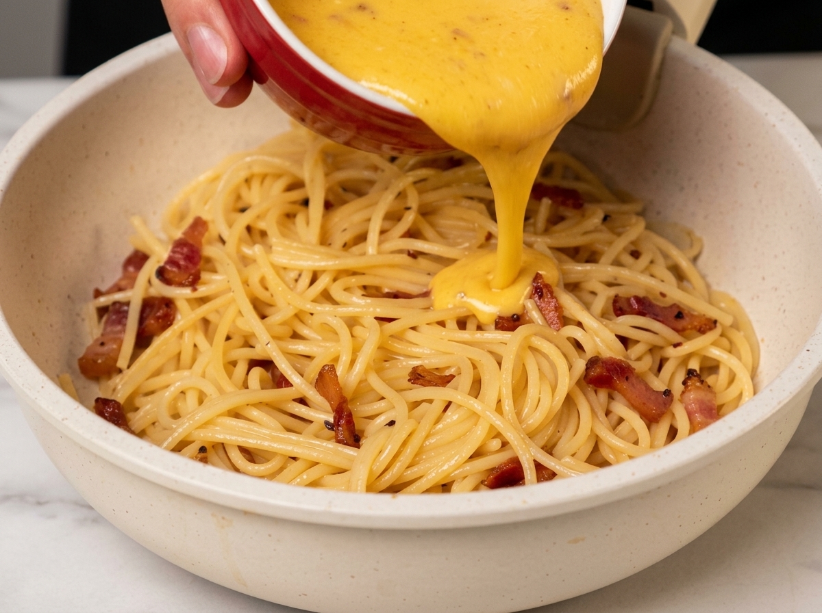 Wlewanie bogatej, żółtej mieszanki jajek i sera z małej czerwonej miseczki na spaghetti i guanciale na patelni.