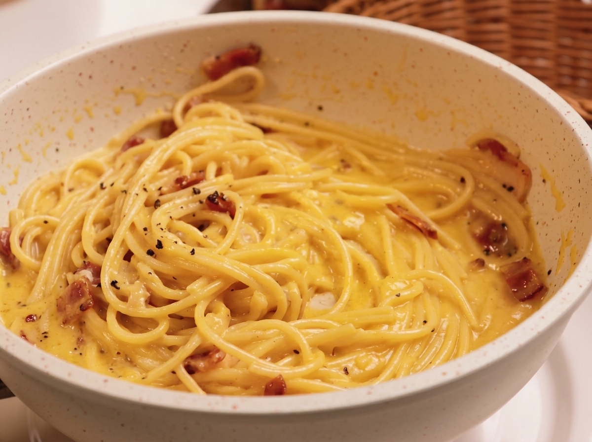 Spaghetti dokładnie pokryte kremowym, błyszczącym sosem jajeczno-serowym z chrupiącymi kawałkami guanciale na białej patelni.