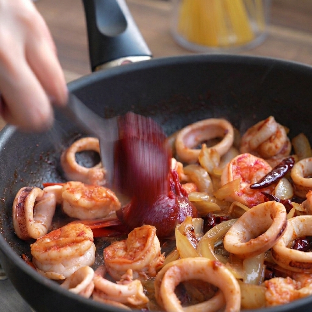 Łopatka dodająca gęstą łyżkę ciemnoczerwonej koreańskiej pasty gochujang na patelnię z krewetkami i kalmarami.