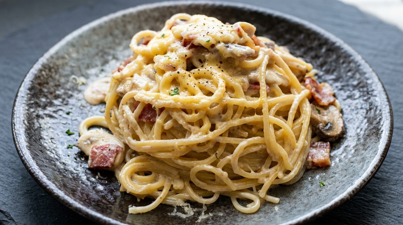 Kremowa Carbonara z Grzybami i Boczkiem