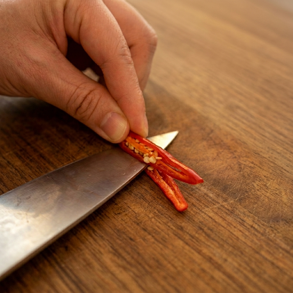 Dłoń trzymająca przekrojoną papryczkę chili i usuwająca białe nasiona małym nożem.