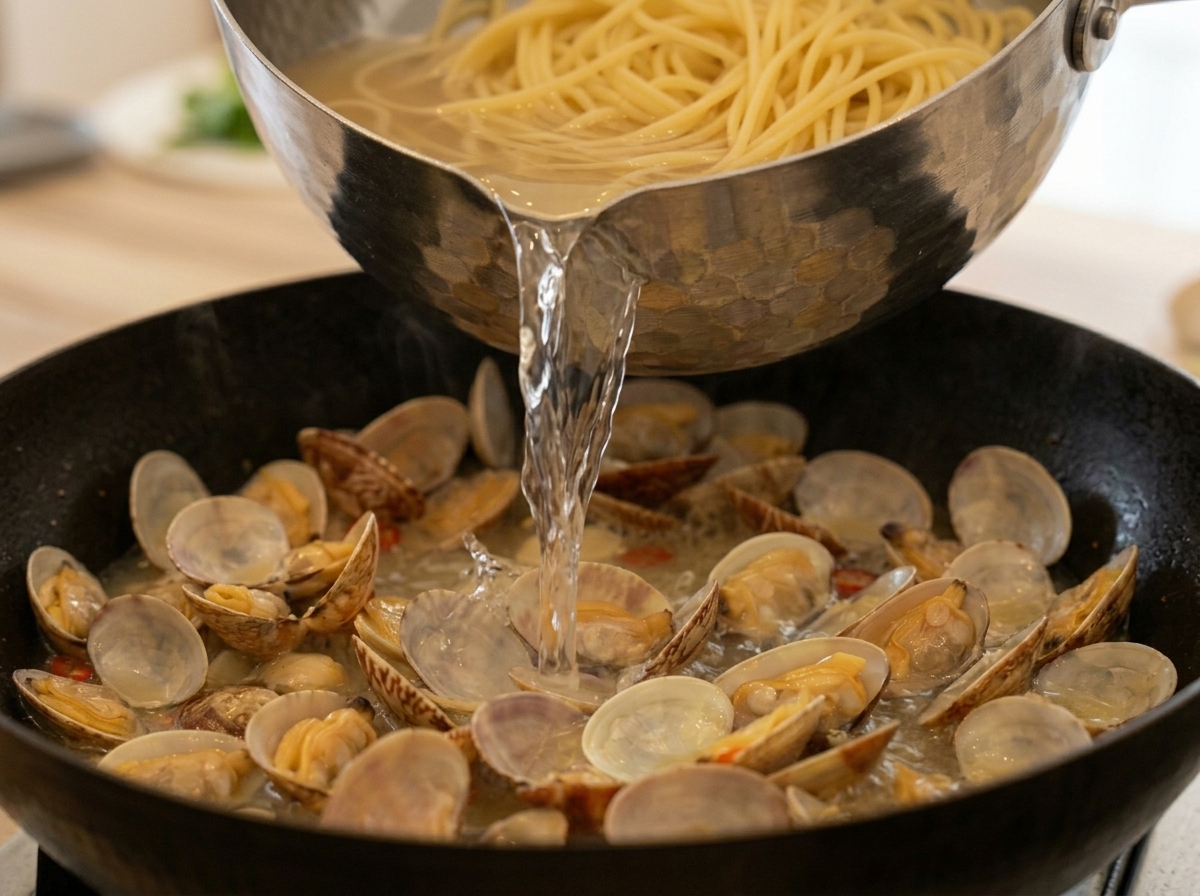 Ugotowane spaghetti i chochla wody z makaronu trafiające na patelnię z małżami.