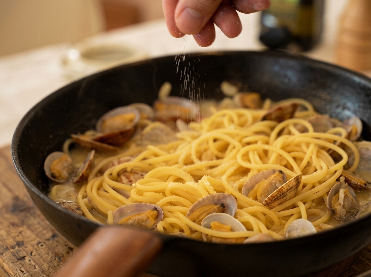 Dłoń posypująca przyprawami spaghetti z małżami na patelni.