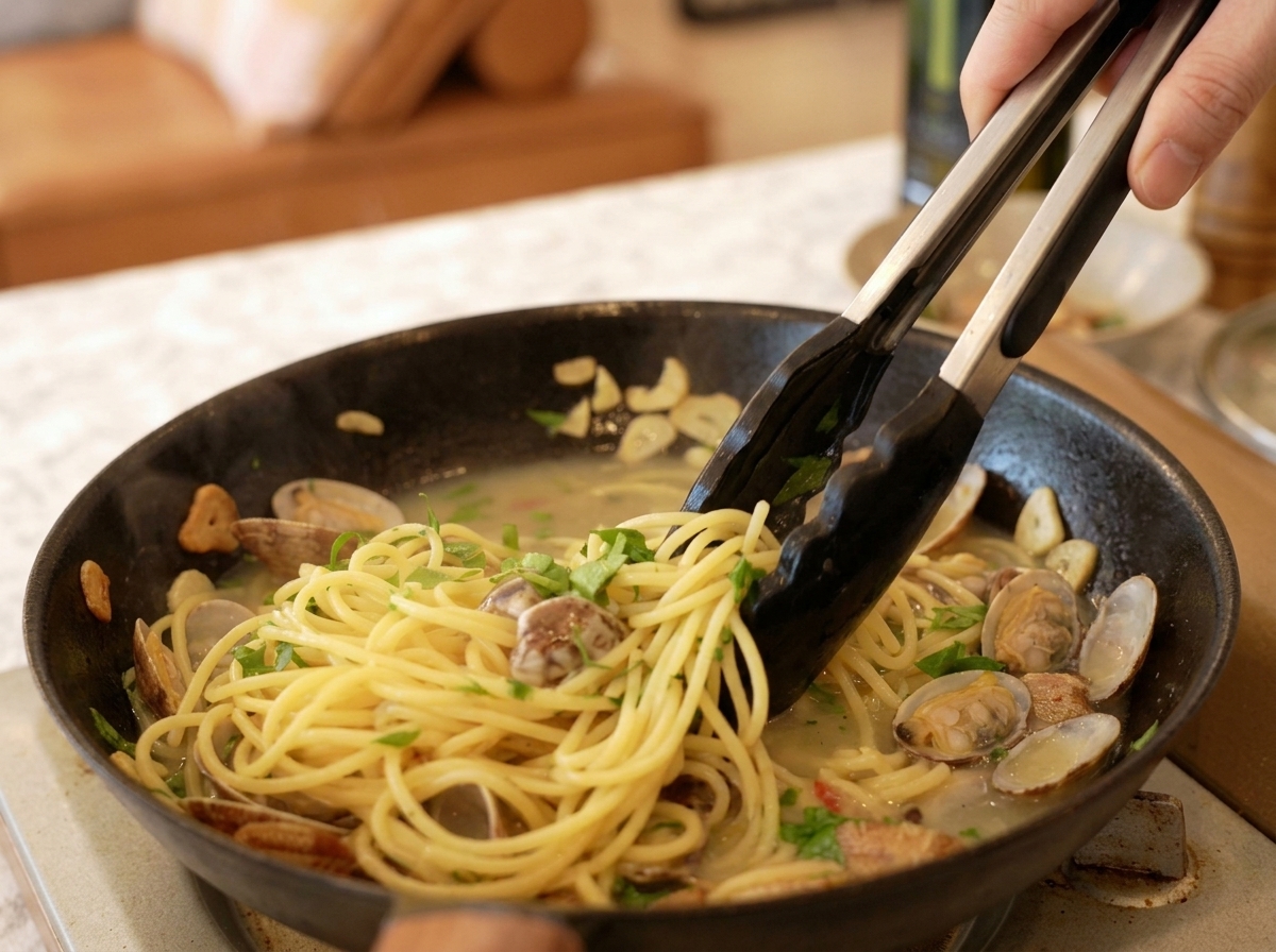 Szczypce mieszające spaghetti, otwarte małże i jaskrawozieloną pietruszkę na patelni.