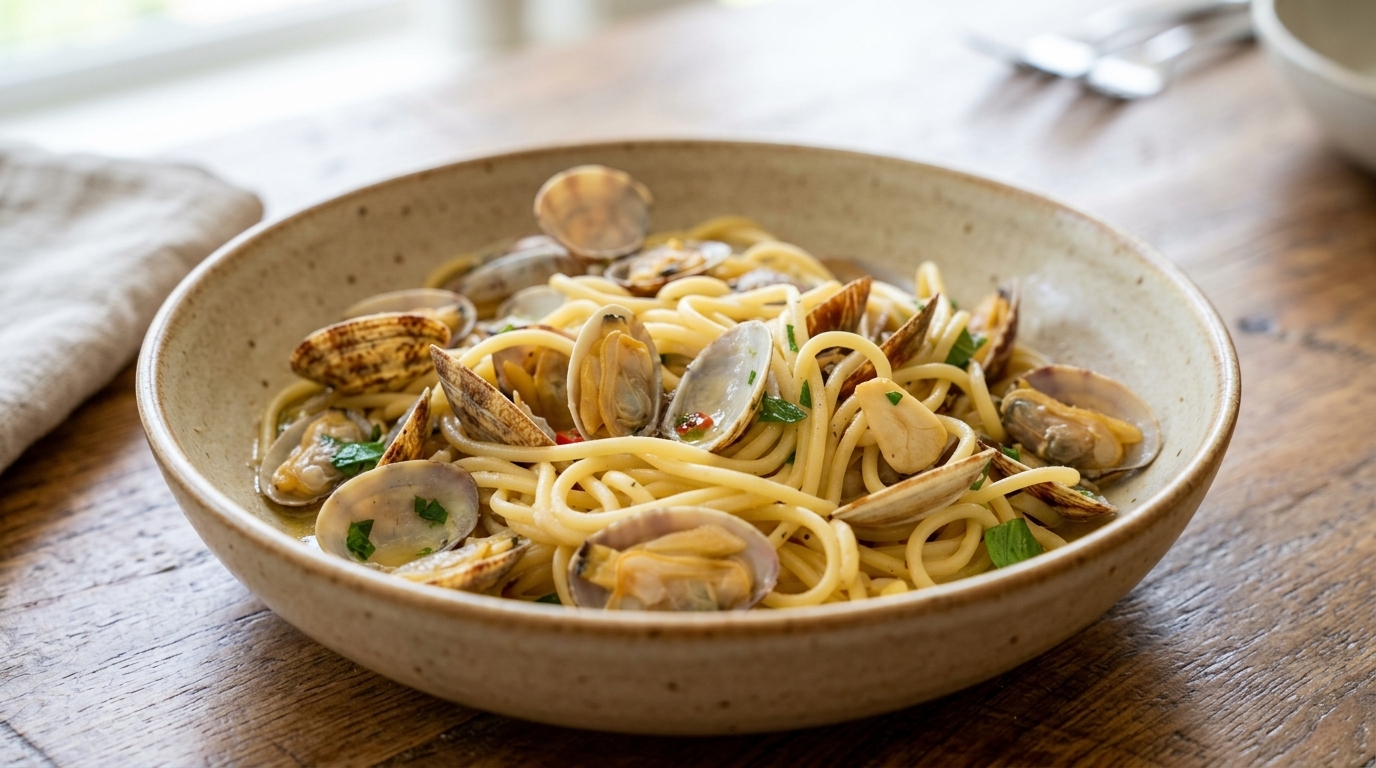 Klasyczne Spaghetti alle Vongole (Makaron ze świeżymi małżami)
