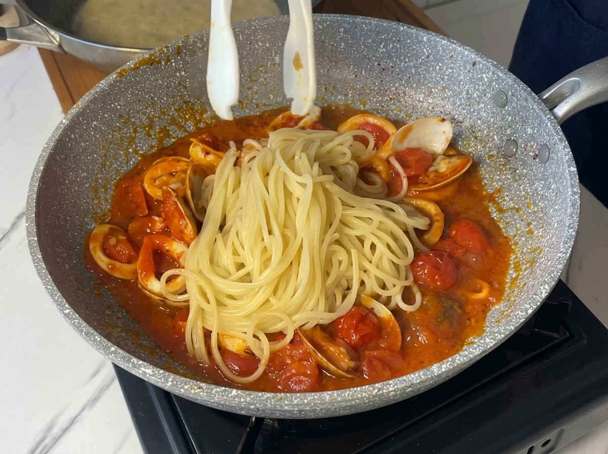 Białe szczypce wkładające ugotowany makaron spaghetti do bulgoczącego sosu z owocami morza.