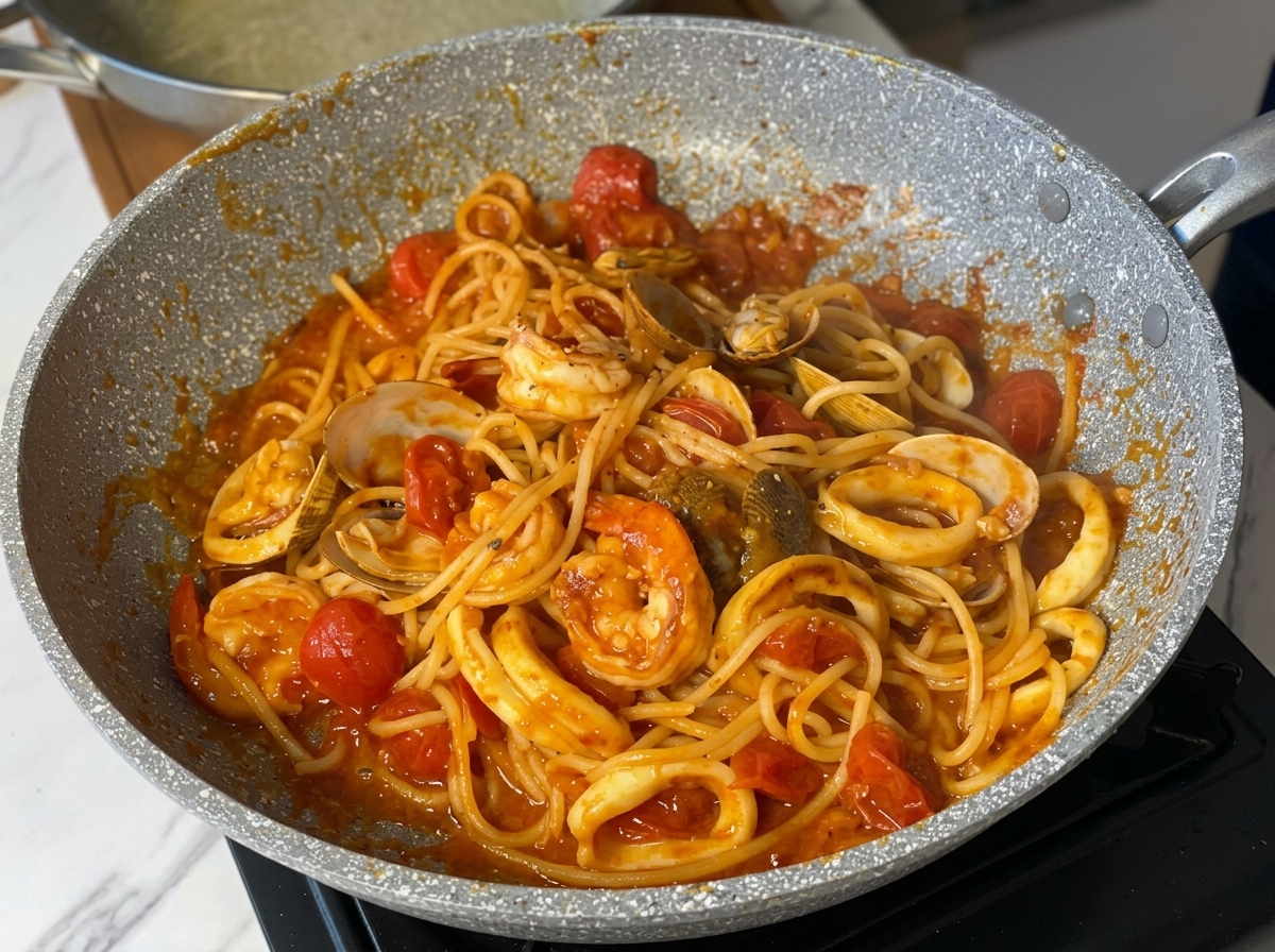 Gotowe spaghetti z owocami morza wymieszane na patelni, gotowe do doprawienia.