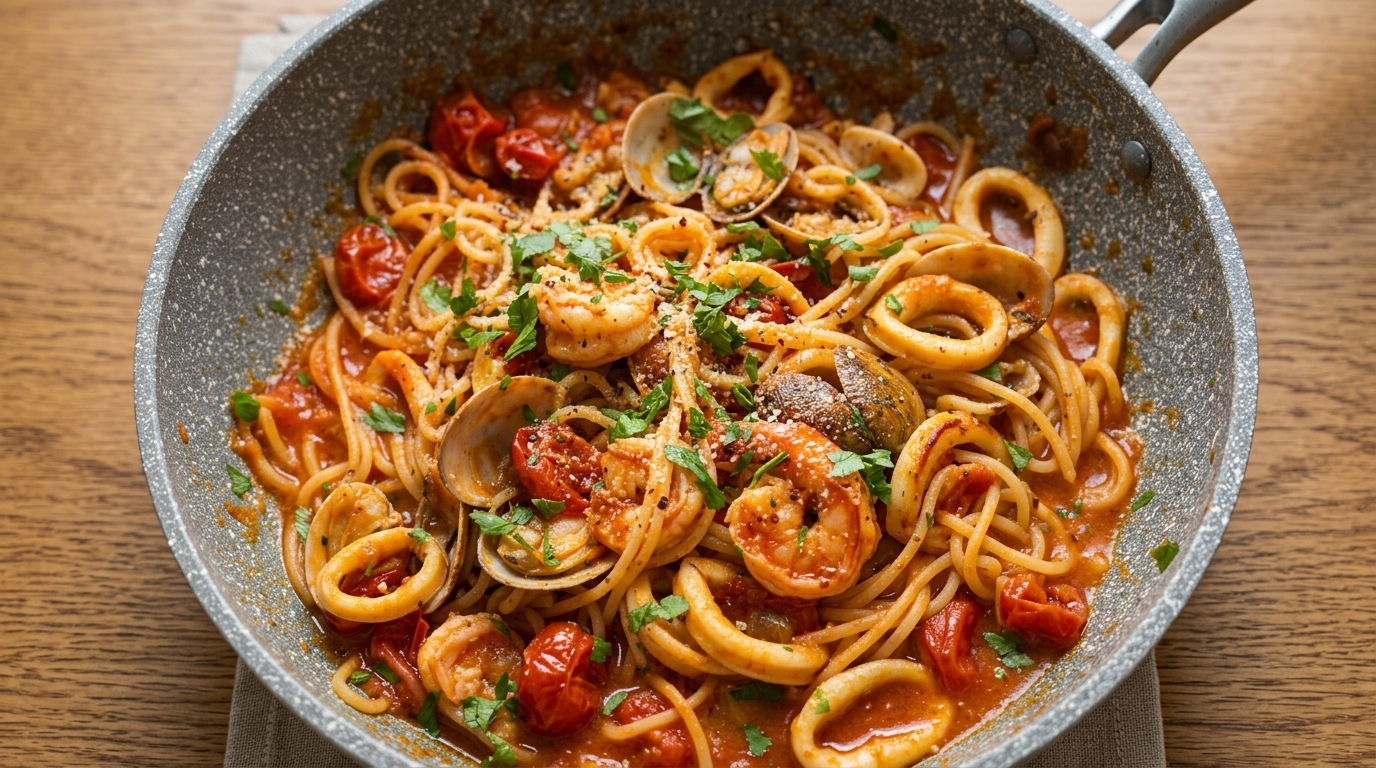 Klasyczne spaghetti z owocami morza w sosie pomidorowym