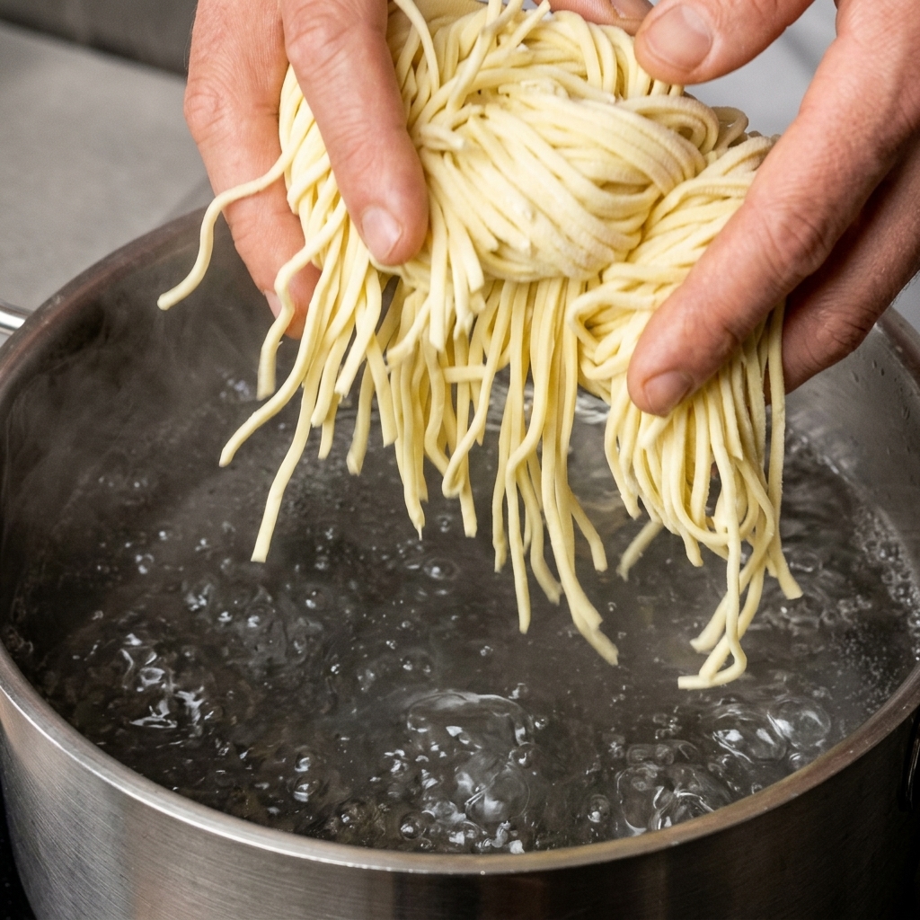 Dłonie trzymające pęczek grubego makaronu spaghetti nad garnkiem ze stali nierdzewnej z gotującą się wodą.