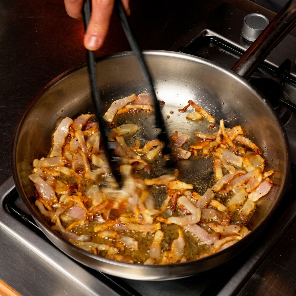 Szczypce mieszające paski guanciale na patelni podczas smażenia i wytapiania tłuszczu.