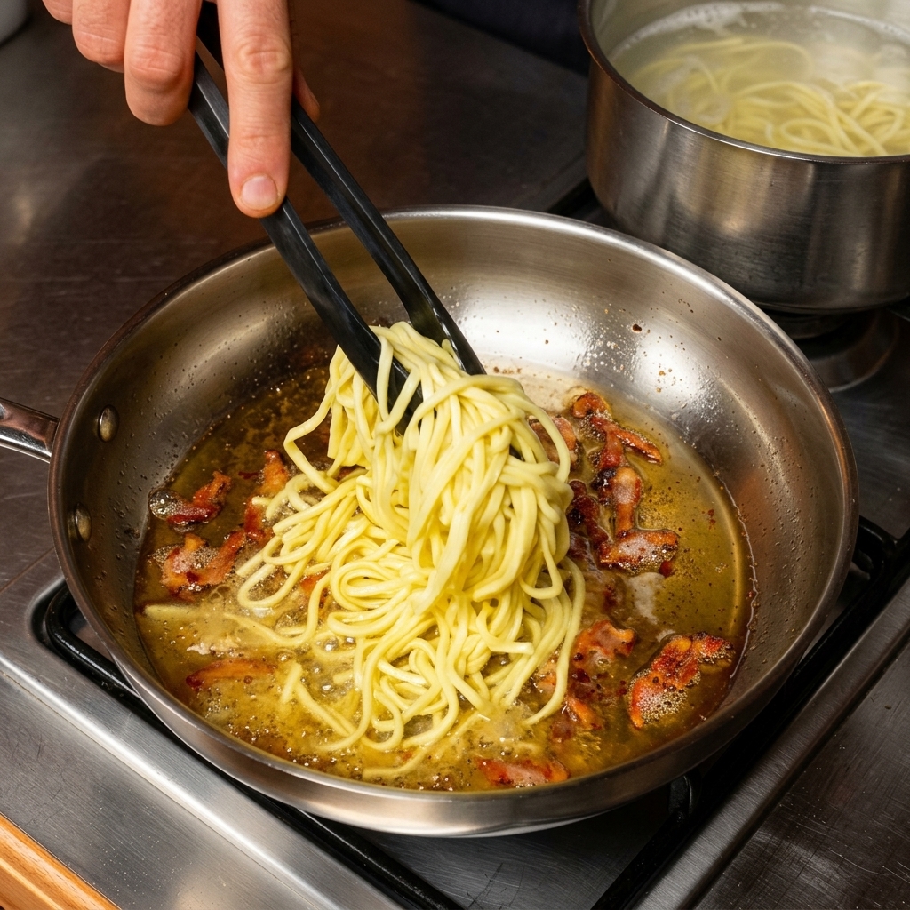 Czarne szczypce wyciągające grube spaghetti z gotującej się wody i przenoszące je na patelnię wypełnioną gorącym tłuszczem i zarumienionym guanciale.