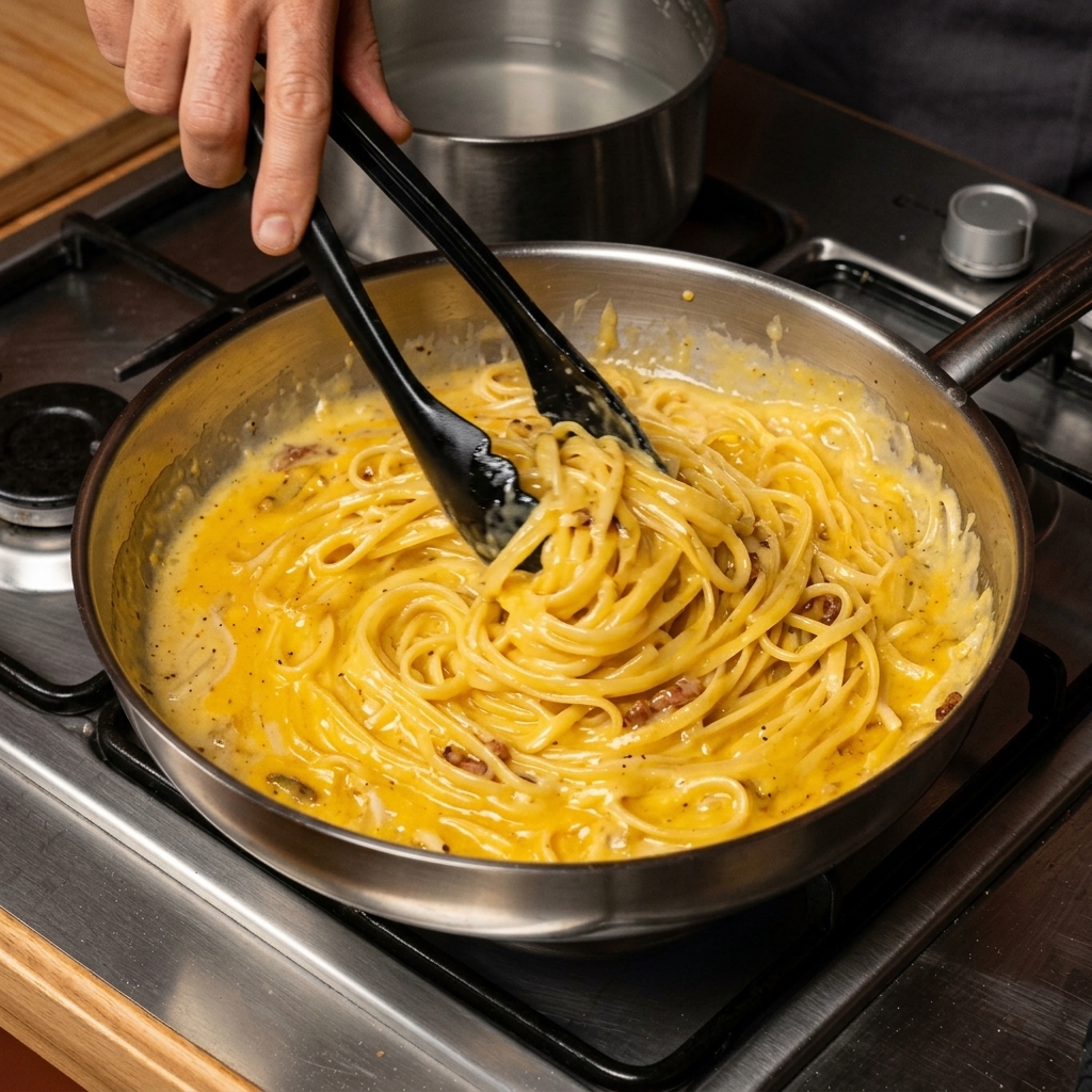 Spaghetti energicznie podrzucane szczypcami na patelni, pokryte błyszczącym, kremowo-żółtym sosem carbonara z kawałkami guanciale.