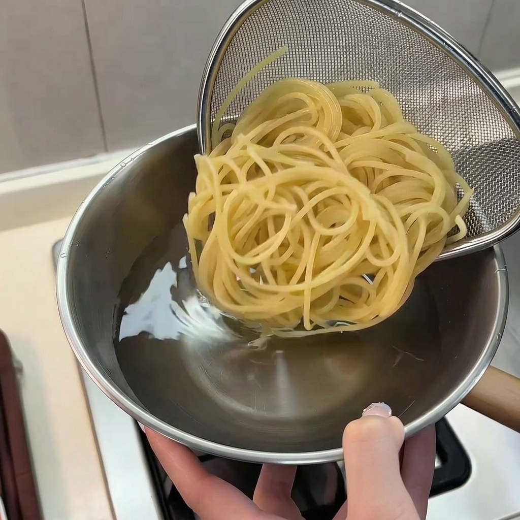 Ugotowany makaron spaghetti podnoszony z garnka na stalowym sicie.