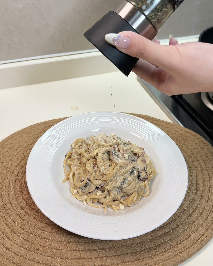 Ręka posypująca serem i ziołami ciepłą porcję spaghetti z boczkiem i pieczarkami na talerzu.