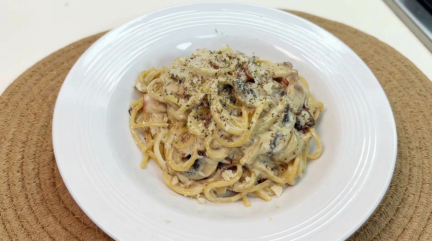 Szybkie i kremowe spaghetti z pieczarkami i boczkiem