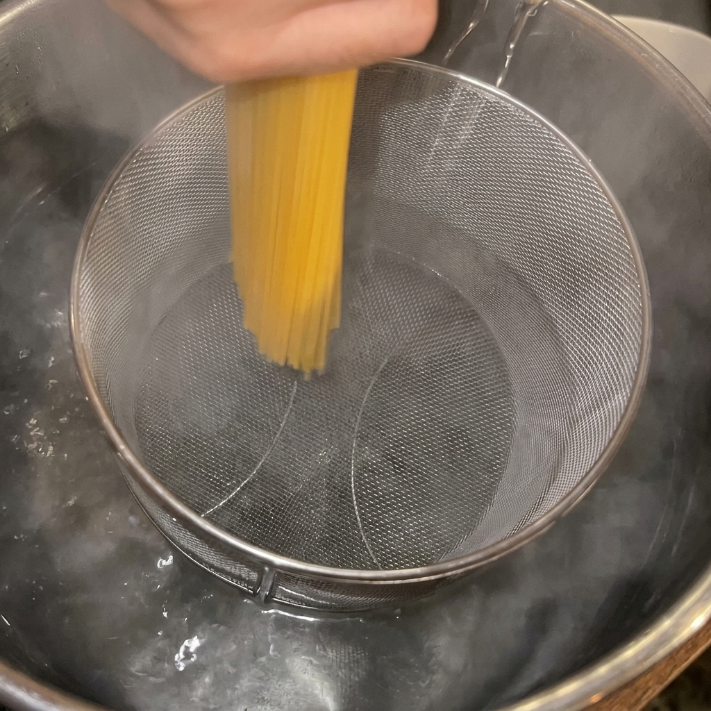 Suchy makaron spaghetti zanurzany we wrzącej wodzie przez metalowe sitko.
