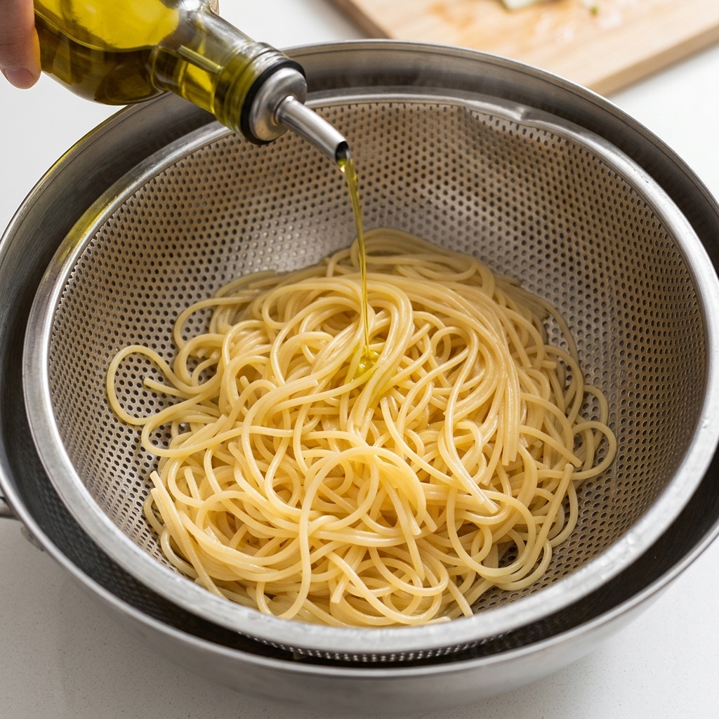 Oliwa z oliwek nalewana z buteleczki na ugotowane spaghetti w metalowym sitku.