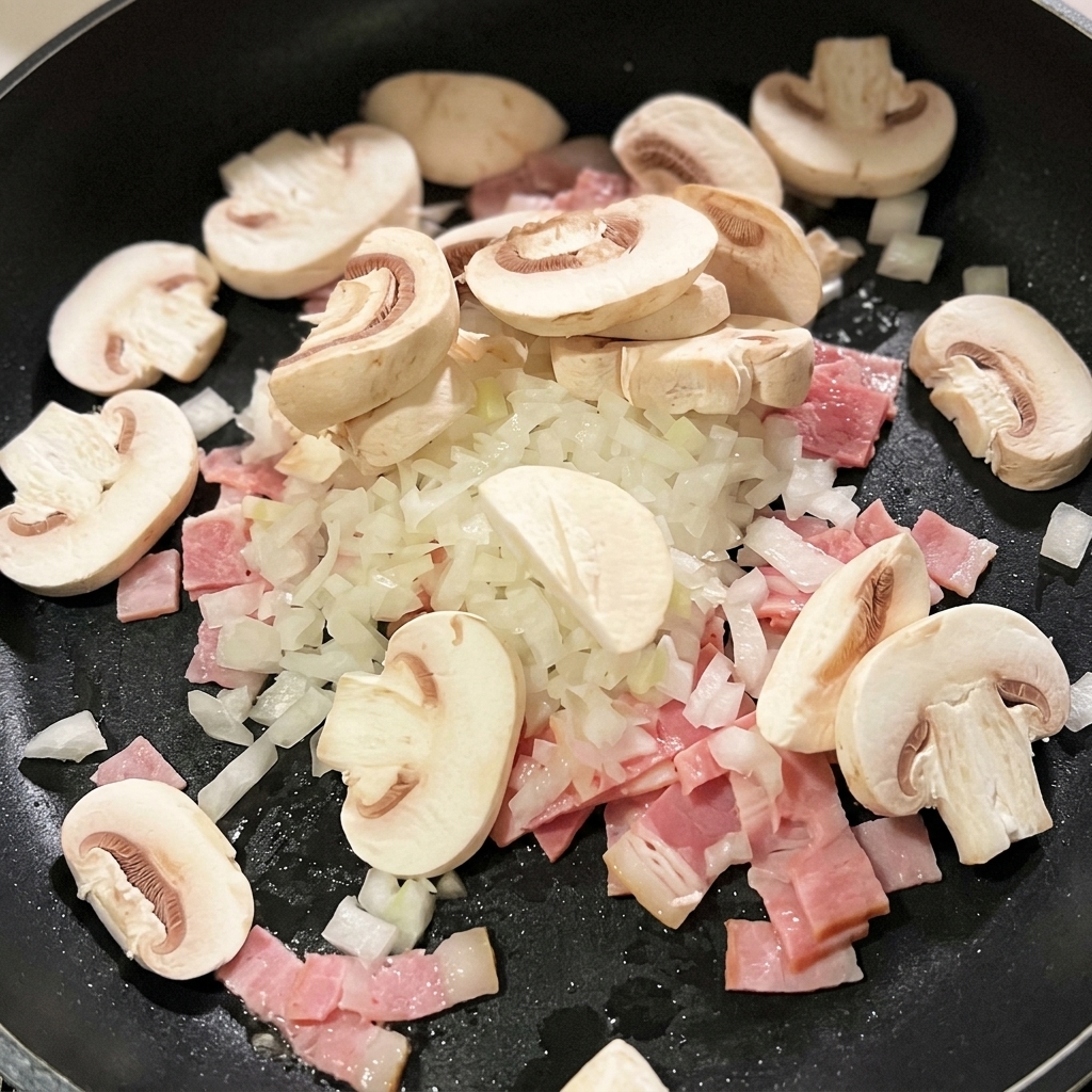 Pokrojone pieczarki i biała cebula ułożone na smażącym się boczku na czarnej patelni.