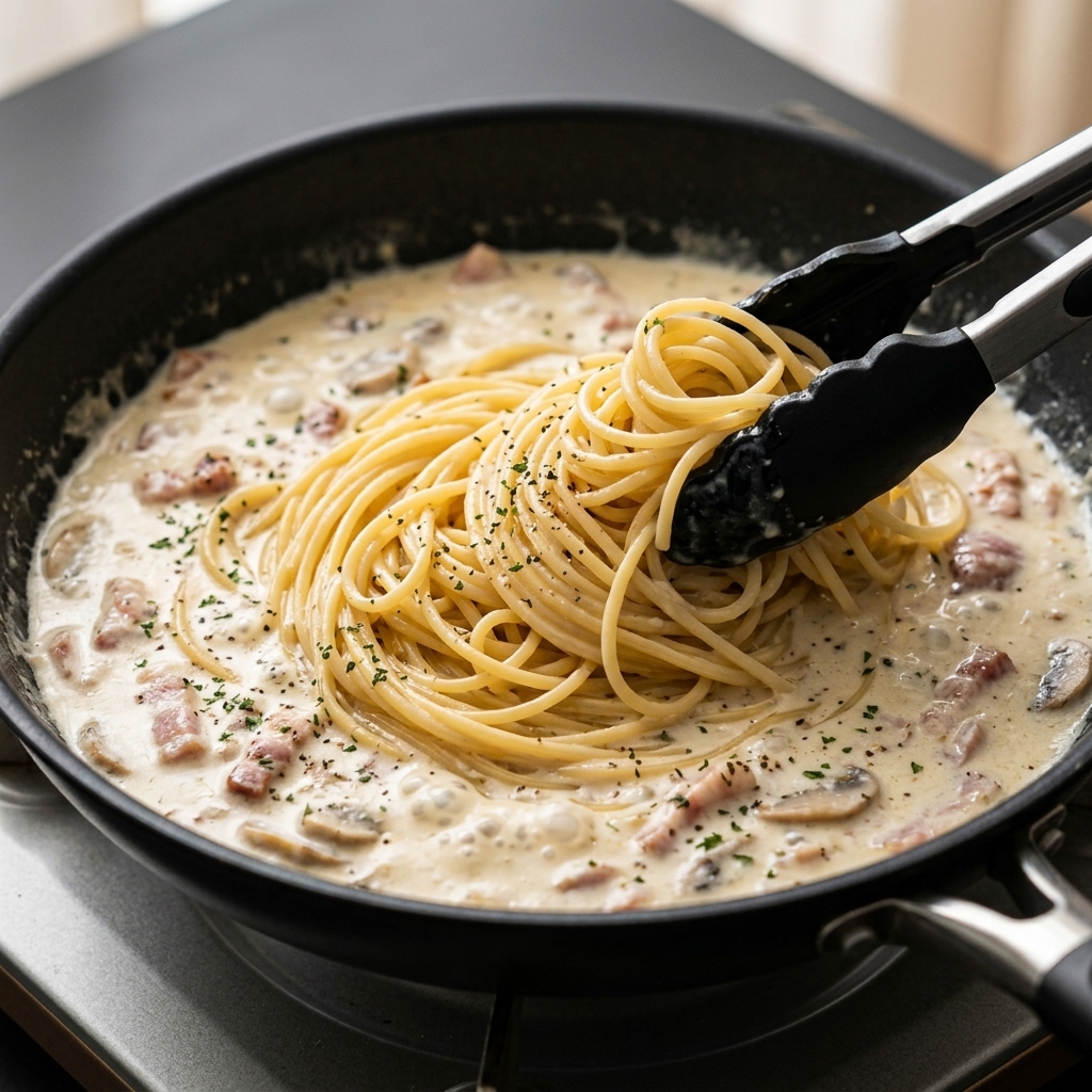 Szczypce wkładające ugotowane spaghetti na patelnię z wrzącym, białym sosem śmietanowym, boczkiem i pieczarkami.