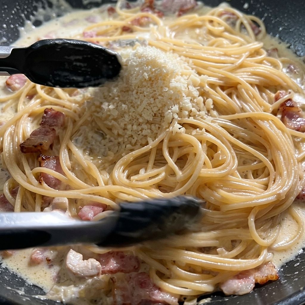 Mała kopka startego parmezanu leżąca na kremowym spaghetti z boczkiem na ciemnej patelni.