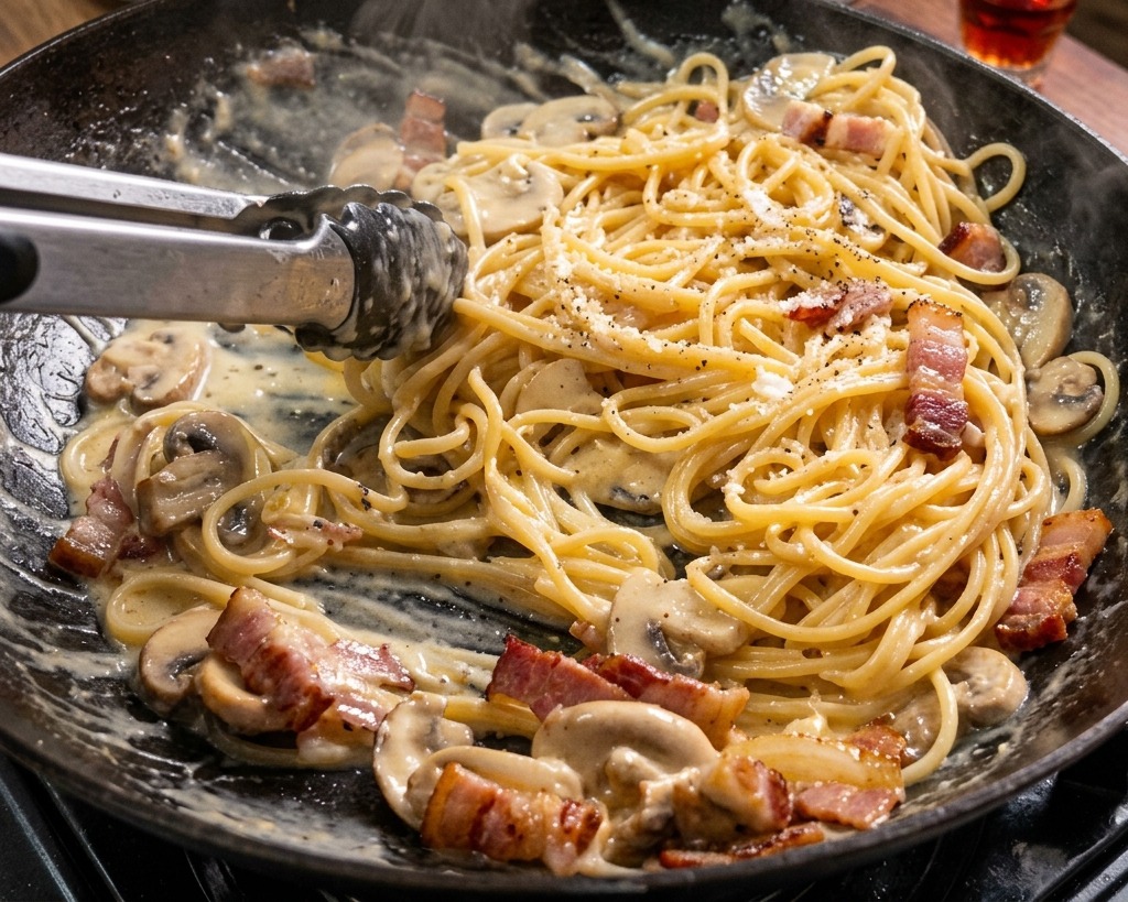 Kuchenne szczypce energicznie mieszające spaghetti na dużej patelni, by równomiernie pokryć je kremowym sosem, kawałkami boczku i pieczarkami.