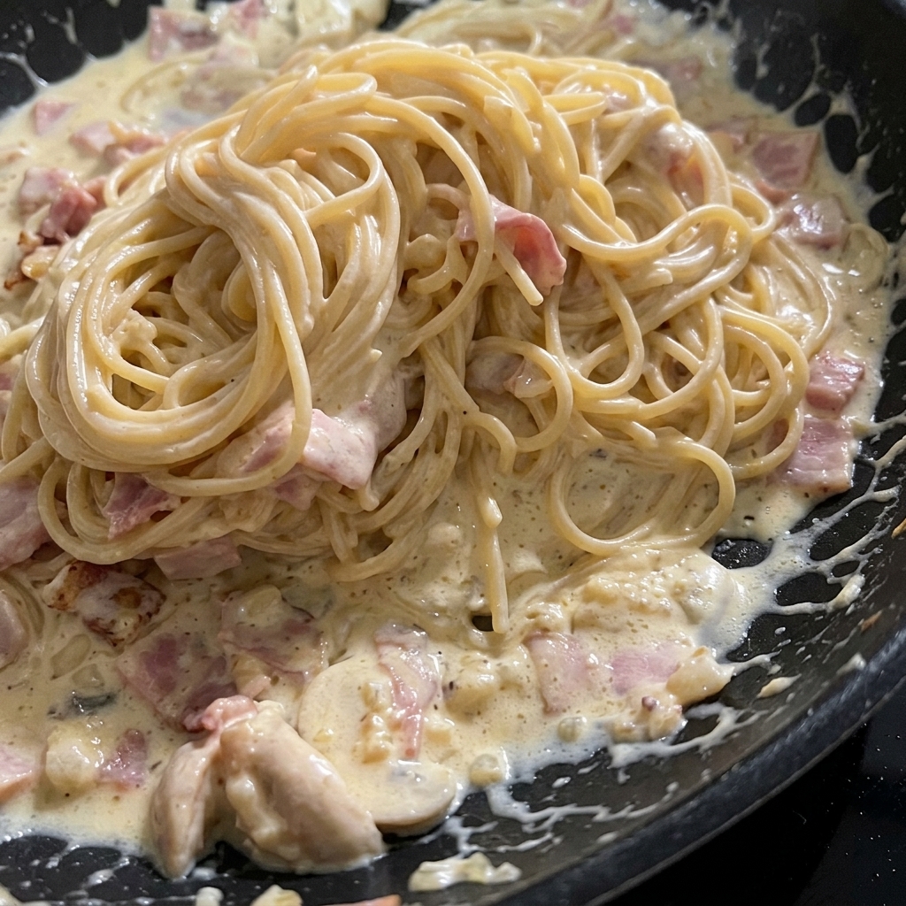 Świeżo przygotowana, kremowa carbonara ze spaghetti z widocznymi kawałkami boczku i pieczarkami na czarnej patelni.