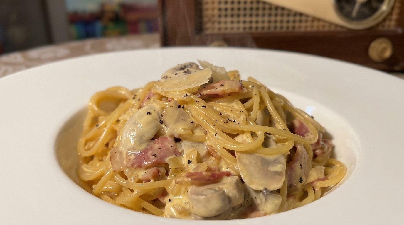 Kremowa carbonara z boczkiem i pieczarkami