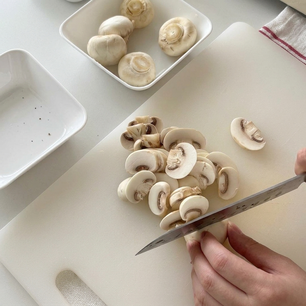 Pieczarki białe krojone w równe plasterki na białej desce.