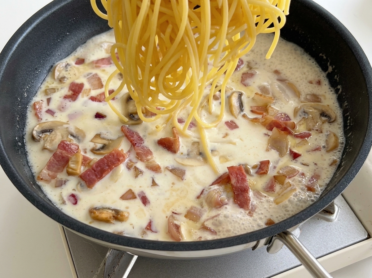 Ugotowane spaghetti wkładane do bulgoczącego sosu mlecznego z boczkiem i pieczarkami.