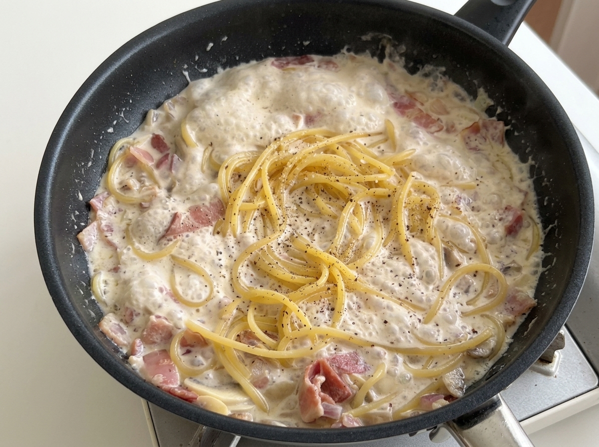 Spaghetti w sosie mlecznym na patelni, obficie posypywane świeżo mielonym pieprzem.