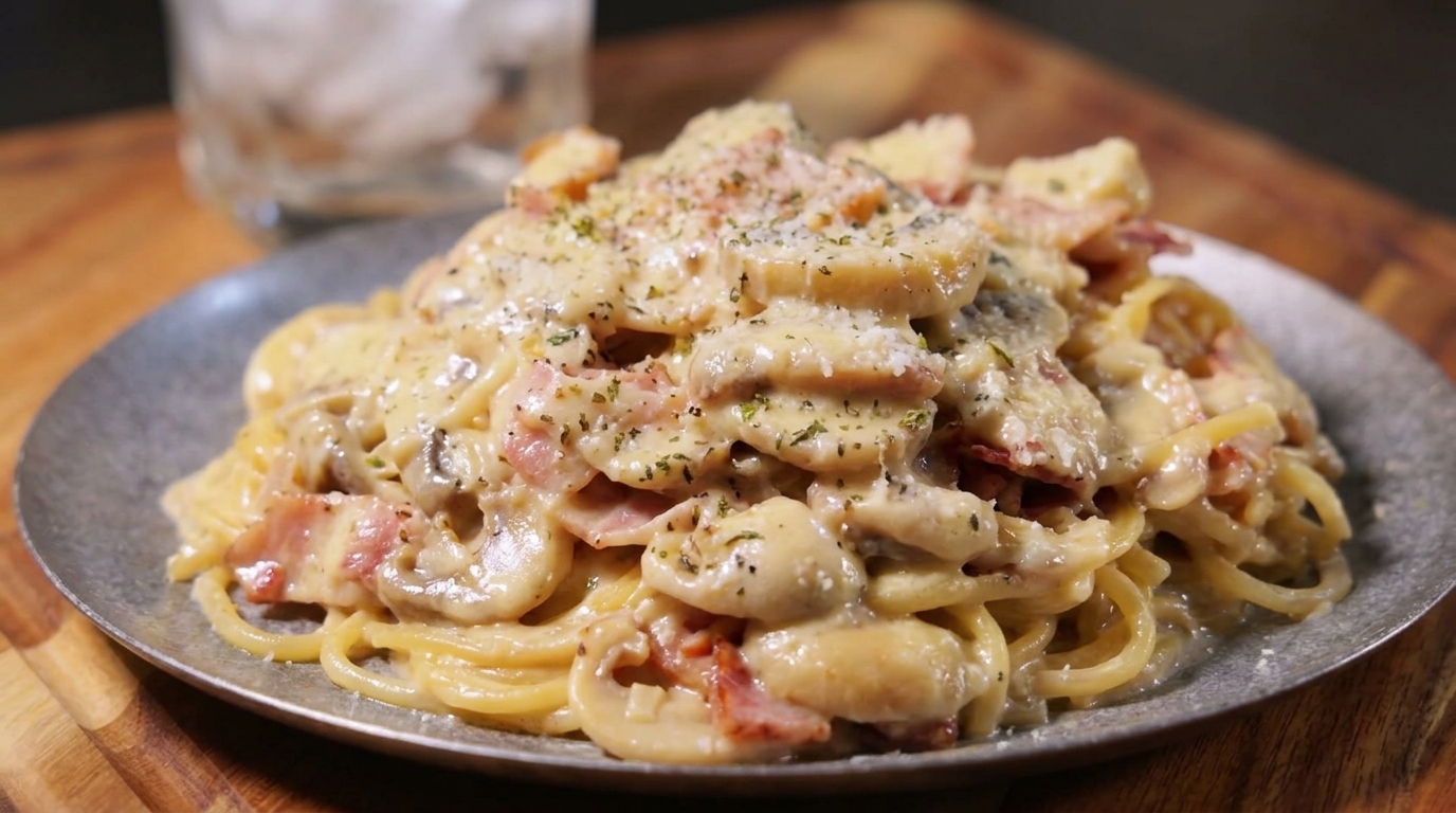 Wyjątkowo kremowe spaghetti z boczkiem i pieczarkami